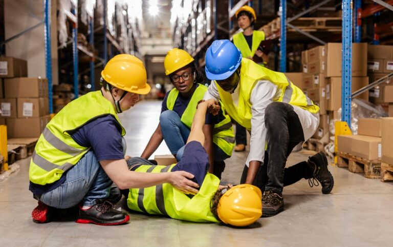 warehouse workers assisting injured colleague lying