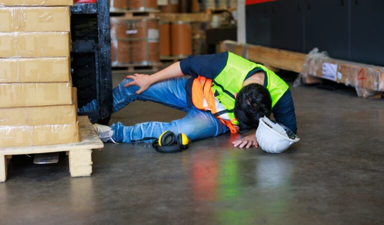 first aid safety concept warehouse man